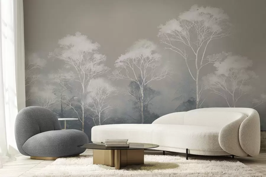 fototapeter Minimalistiske trær i blågrå farger, i tåke w09448