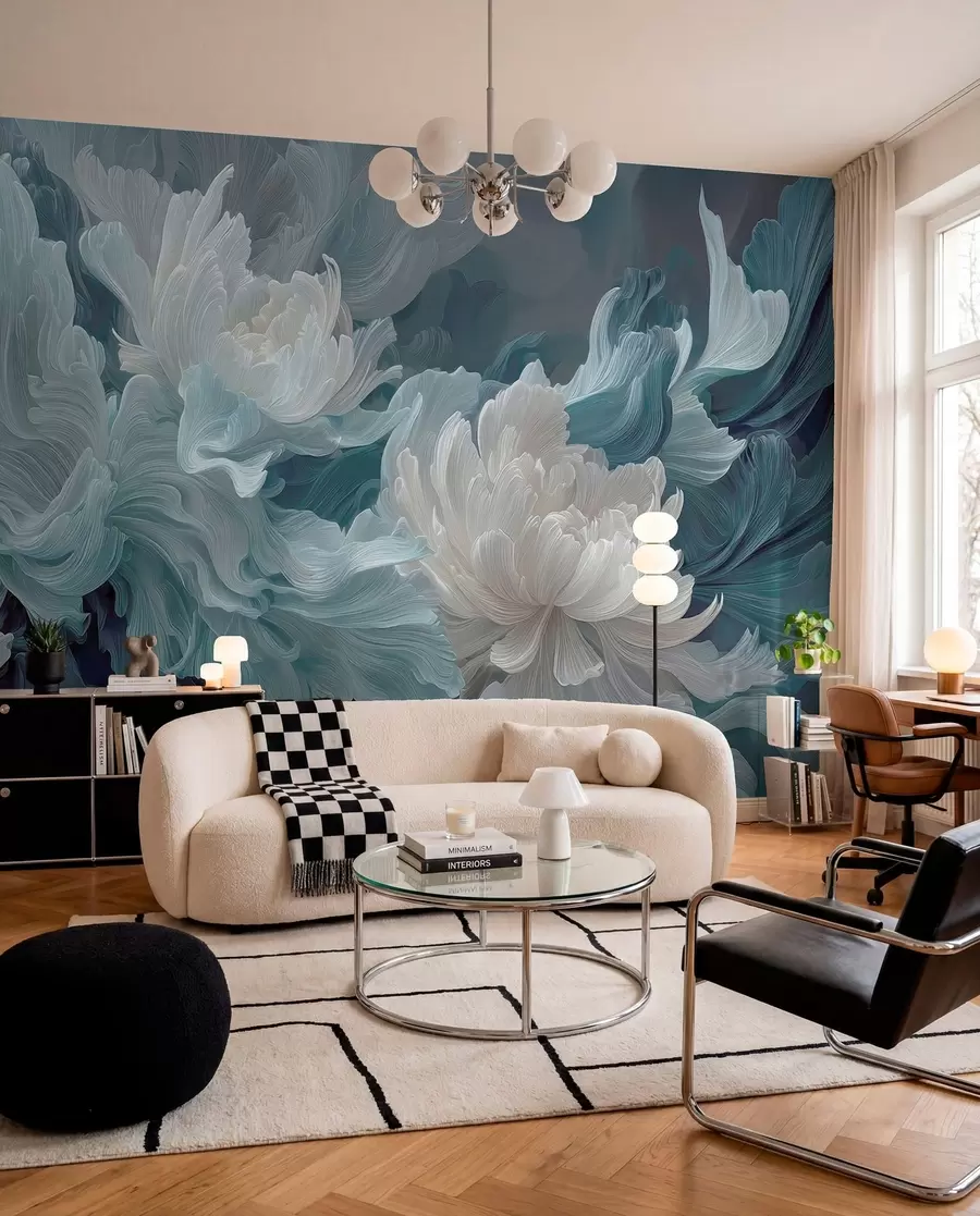 fototapeter Abstrakte blomster i blå og turkise nyanser w09452