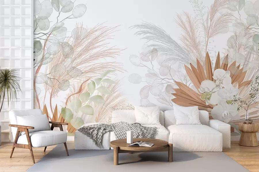 fototapeter Pampasgress, eukalyptus, tropiske blader og orkideer på hvit bakgrunn, pastellfarger w09366