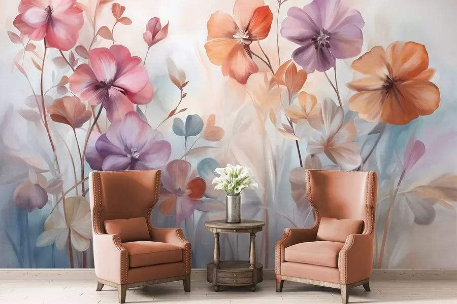 fototapeter Teksturert blomsteroppsats med rosa, lilla og oransje blomster med grønne stilker og blader, myke pastellfarger w09486