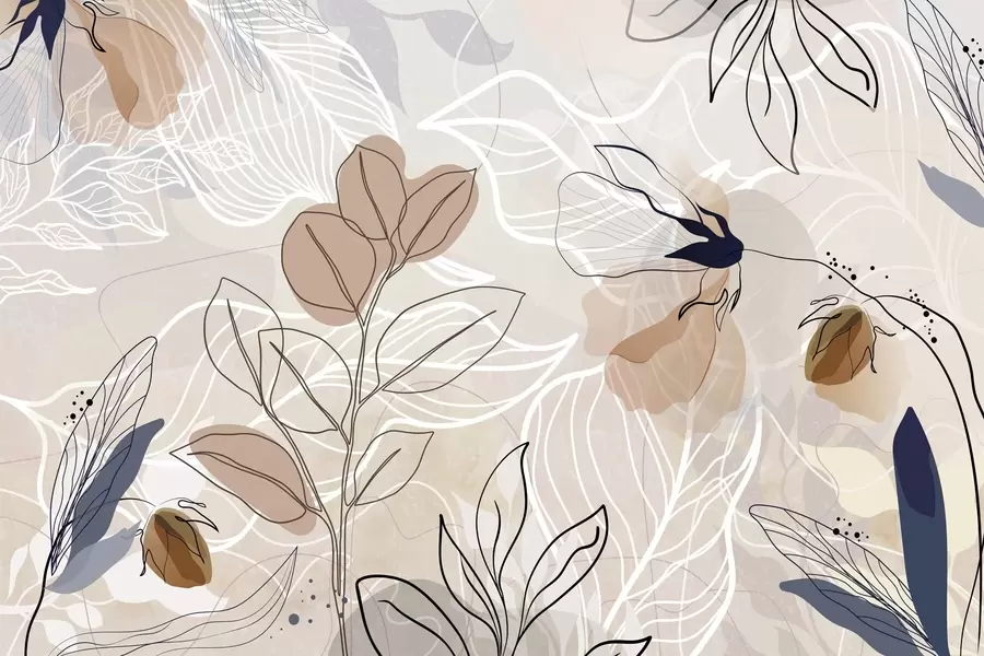 fototapeter Beige abstrakt bakgrunn med blad- og blomsterlinjekunst, moderne, minimalistisk, organiske former, botanisk trykk  w09487
