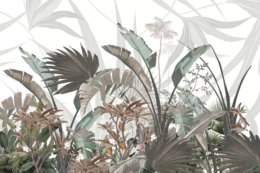 fototapeter Tropiske blad med blomster, palmer, plumeria-blomster, pastellfarger, hvit bakgrunn, jungel w09488