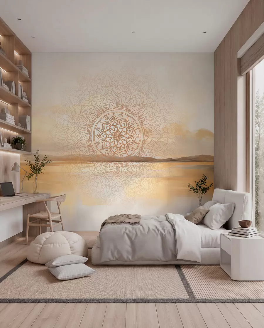 fototapeter Teksturert symmetrisk mandala-design som overlapper et landskap med hav, åser og himmel, i myke pastellfarger w09491