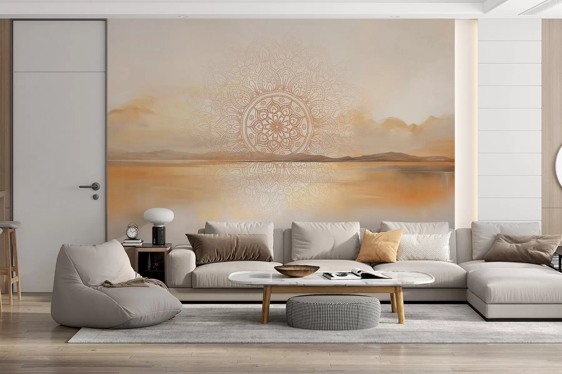 fototapeter Teksturert symmetrisk mandala-design som overlapper et landskap med hav, åser og himmel, i myke pastellfarger w09491