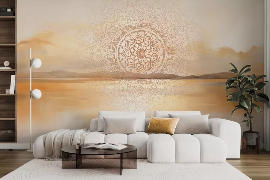 fototapeter Teksturert symmetrisk mandala-design som overlapper et landskap med hav, åser og himmel, i myke pastellfarger w09491