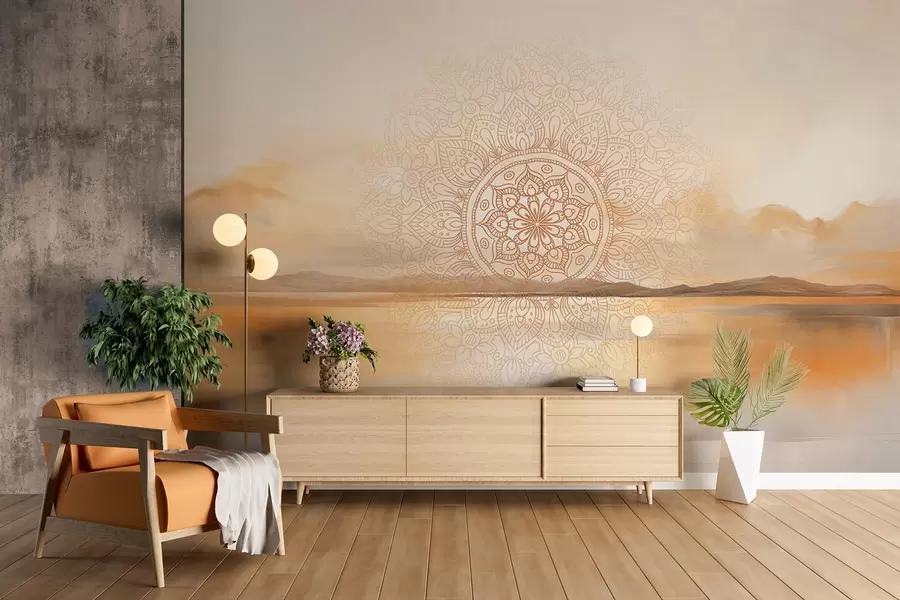 fototapeter Teksturert symmetrisk mandala-design som overlapper et landskap med hav, åser og himmel, i myke pastellfarger w09491