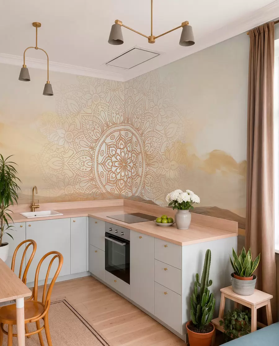 fototapeter Teksturert symmetrisk mandala-design som overlapper et landskap med hav, åser og himmel, i myke pastellfarger w09491