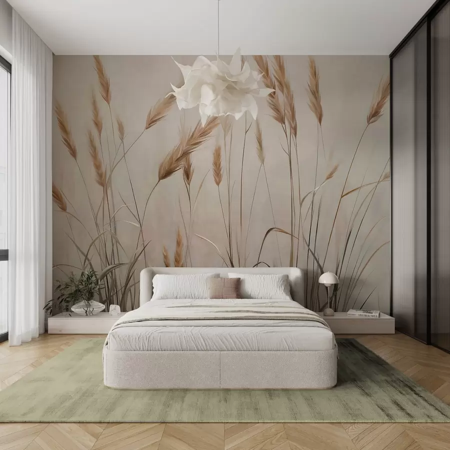 fototapeter Hvetemark med gule kornaks, beige bakgrunn, naturlig belysning, varme fargetoner, detaljerte penselstrøk w09493