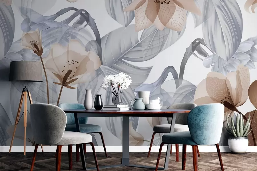 fototapeter Brune blomster og grå blader, botanisk blomsterbakgrunn, elegant design, myke farger, lette, delikate detaljer w09497v1