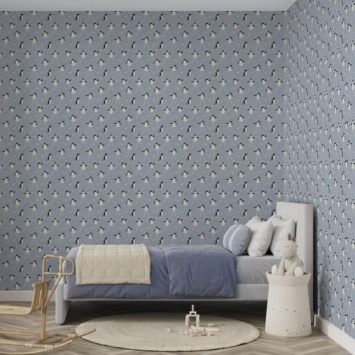 Bakgrunn Pingviner på gråblå bakgrunn med fotavtrykk a00655