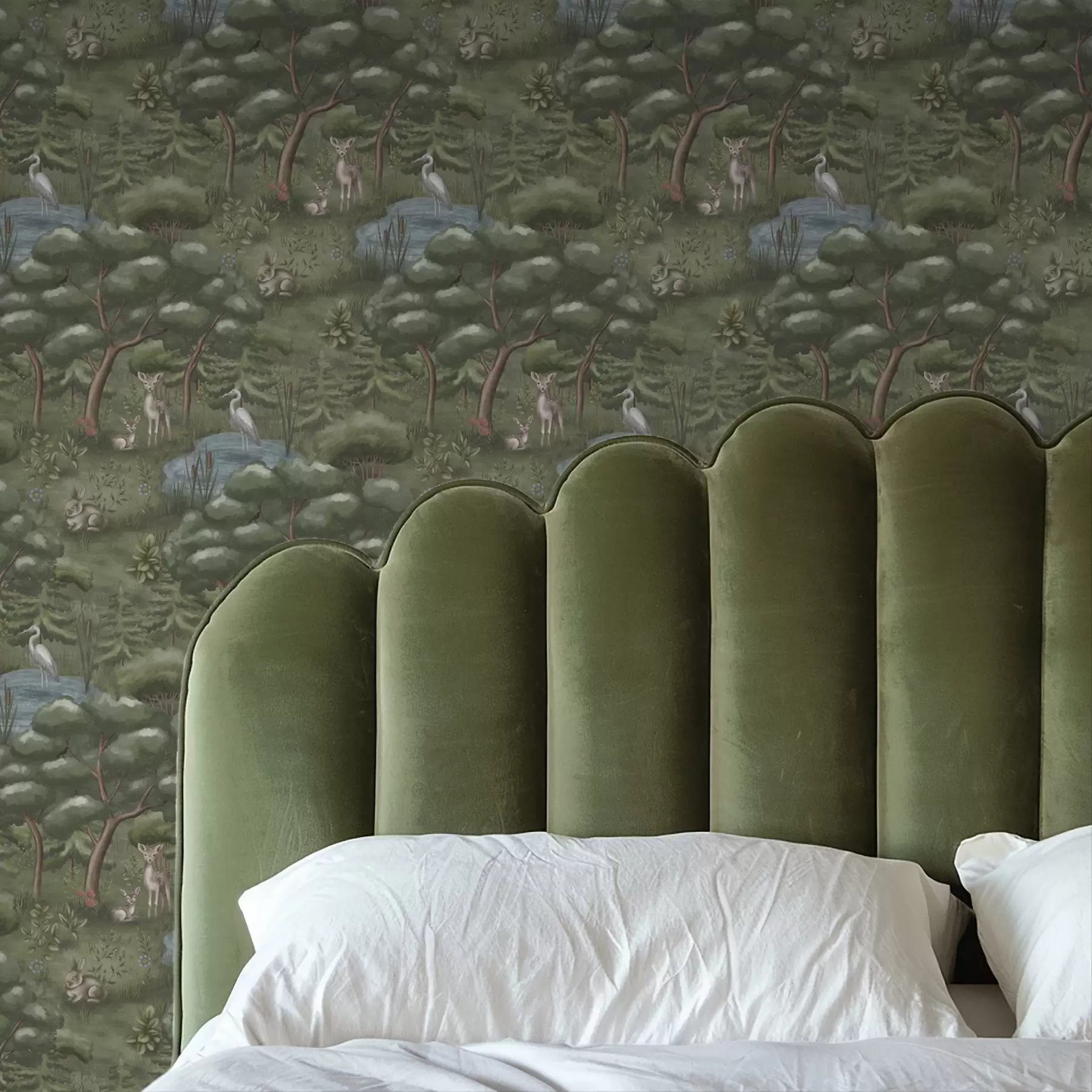 fototapeter Skogslysning med rådyr, kaniner og hegrer a00680