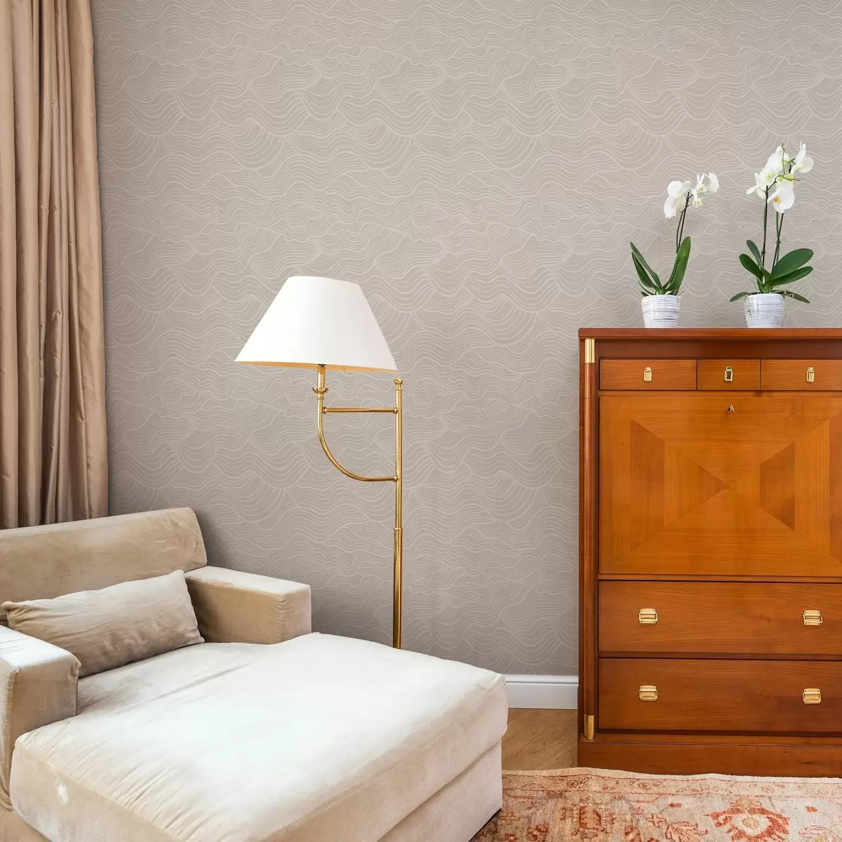 Bakgrunn Tone-i-tone bølgelinjer på varm beige a00681v1