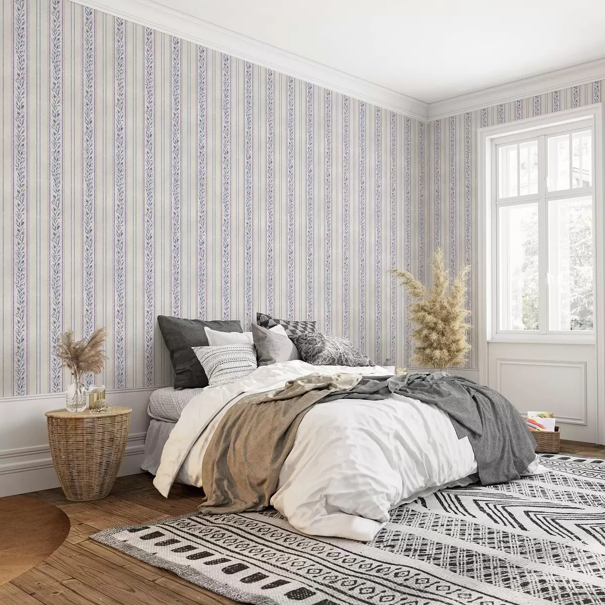 Bakgrunn Vertikale striper med lavendelkranser, beige bakgrunn a00813v1