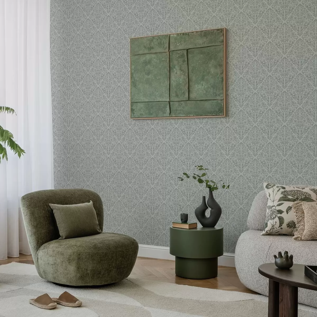 Bakgrunn Botanisk damask i lysegrått med myke konturer a00815v2