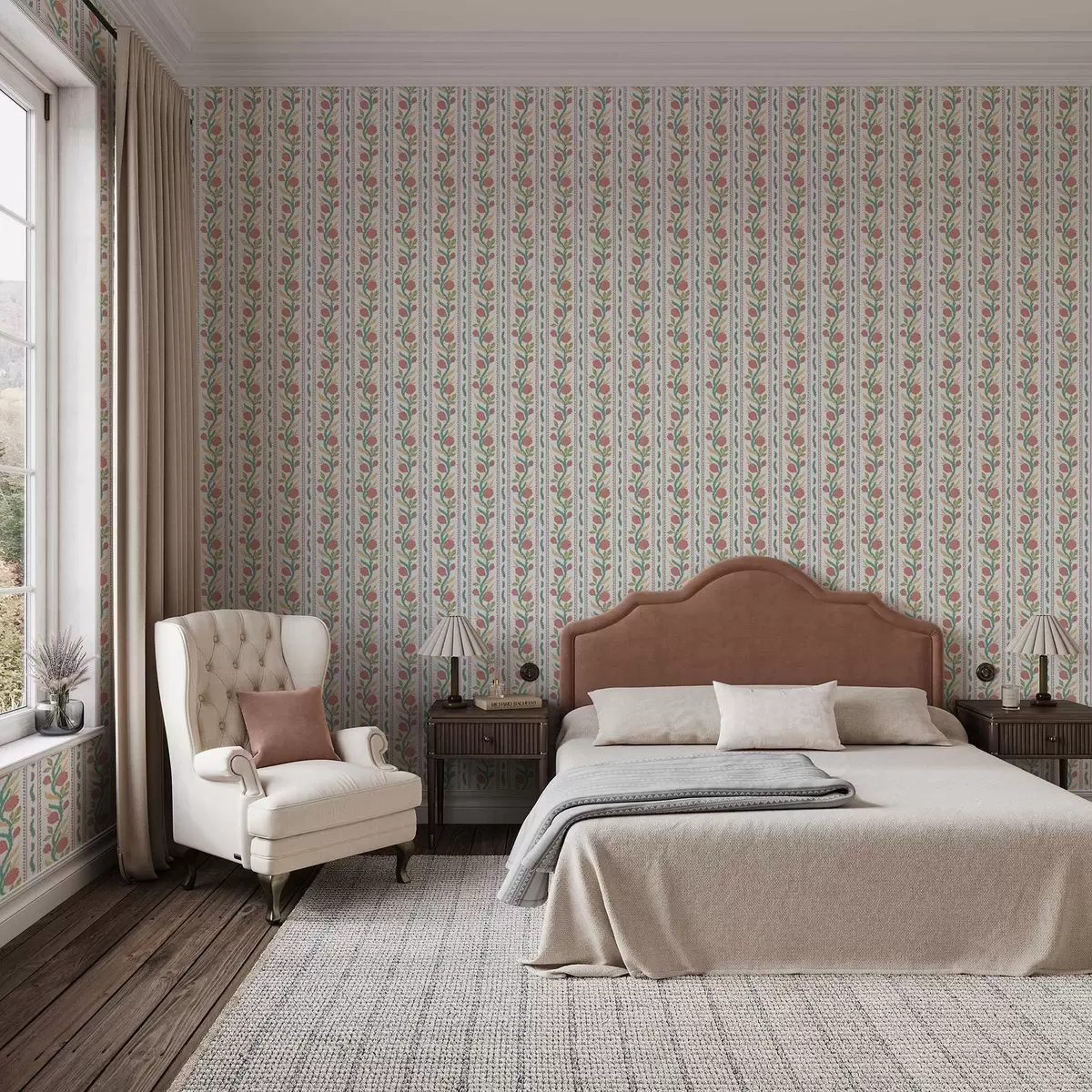 Bakgrunn Vertikale striper med korallblomster og turkise blader a00816