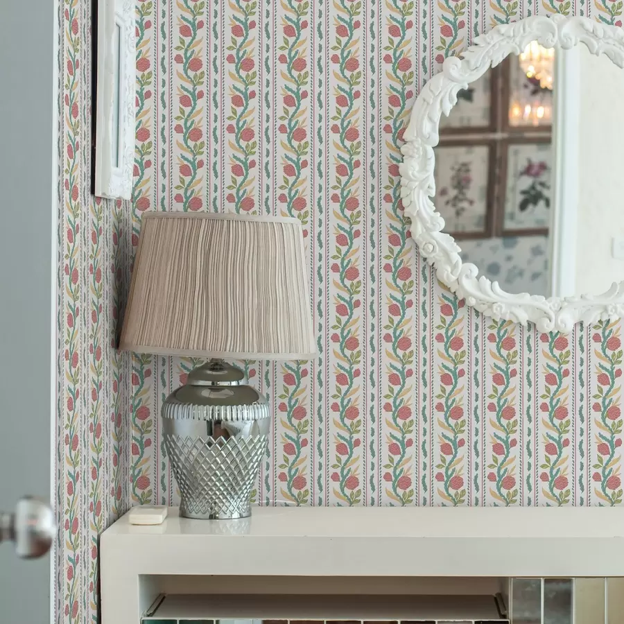 fototapeter Vertikale striper med korallblomster og turkise blader a00816