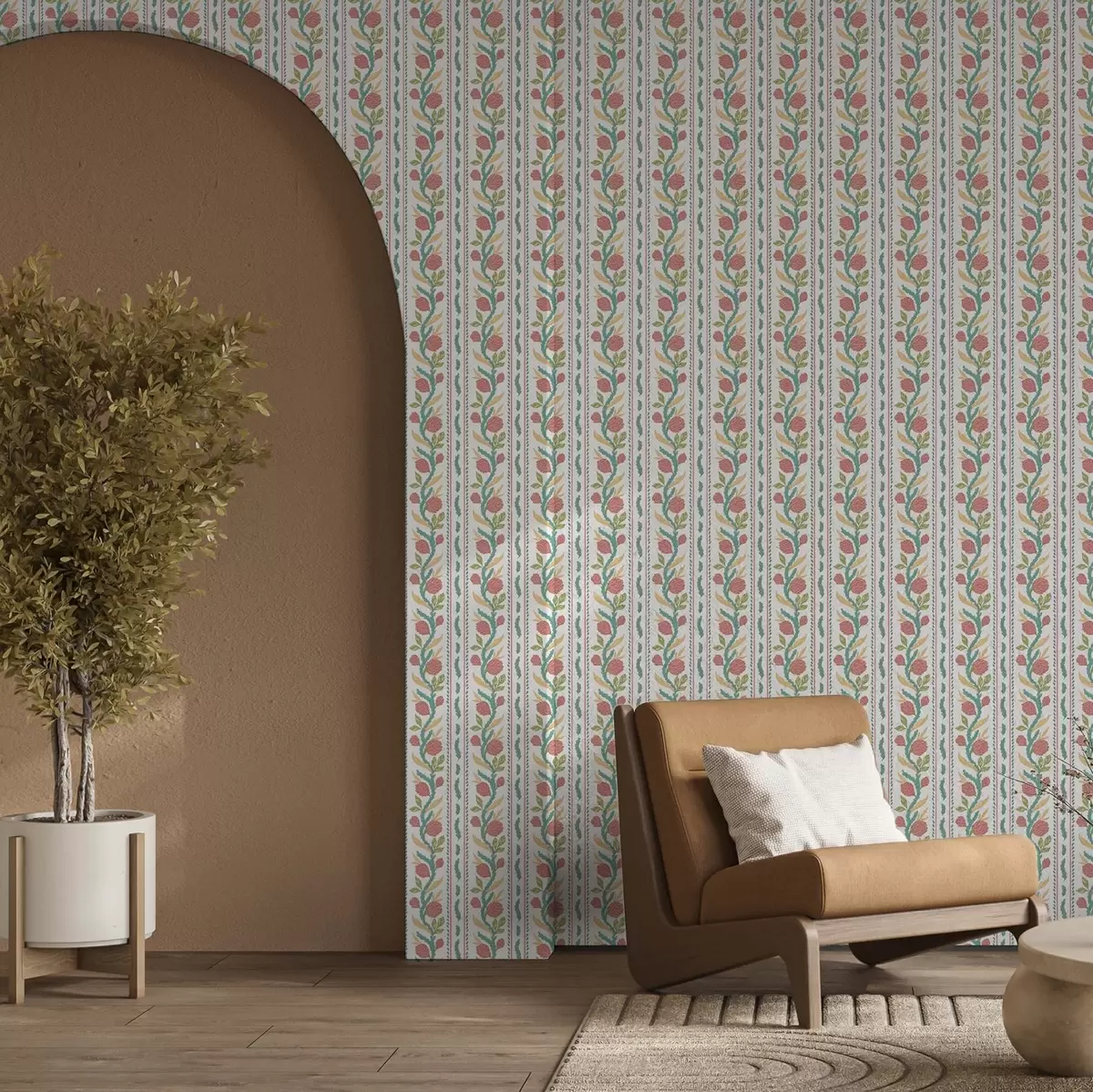 Bakgrunn Vertikale striper med korallblomster og turkise blader a00816