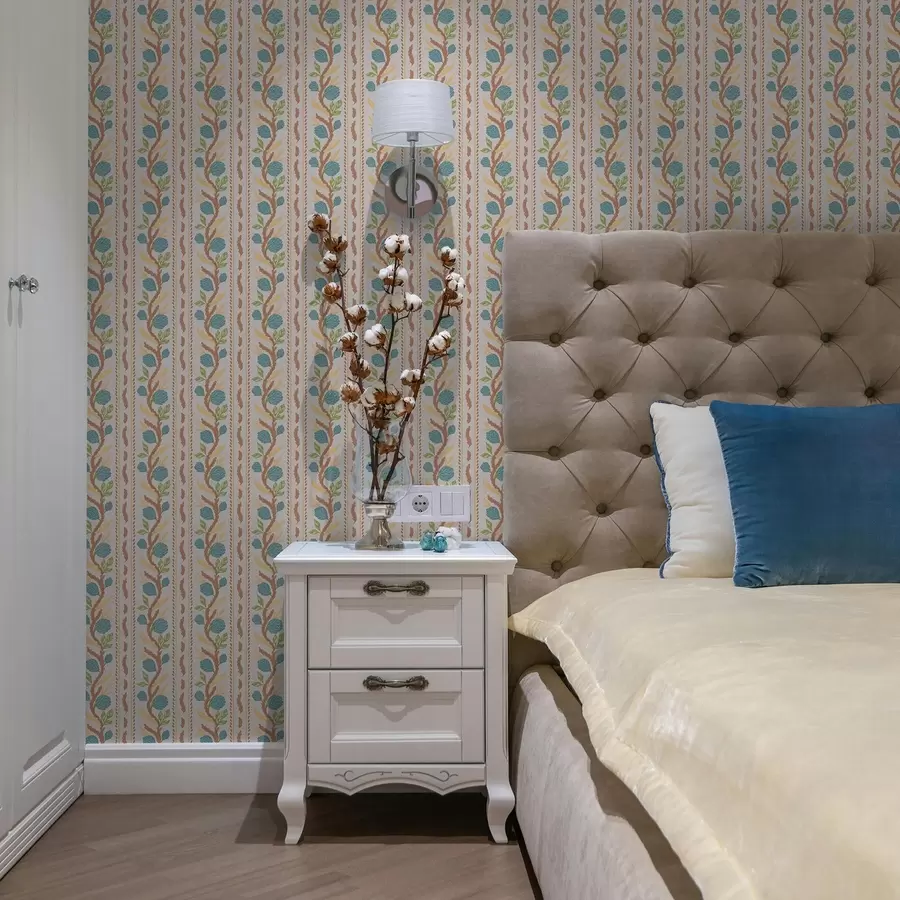 fototapeter Vertikale bukettstriper med blå blomster på en varm bakgrunn a00816v3