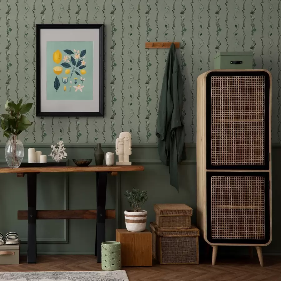 fototapeter Vertikale vinstokker og kvister på dempet grønt a00817v1