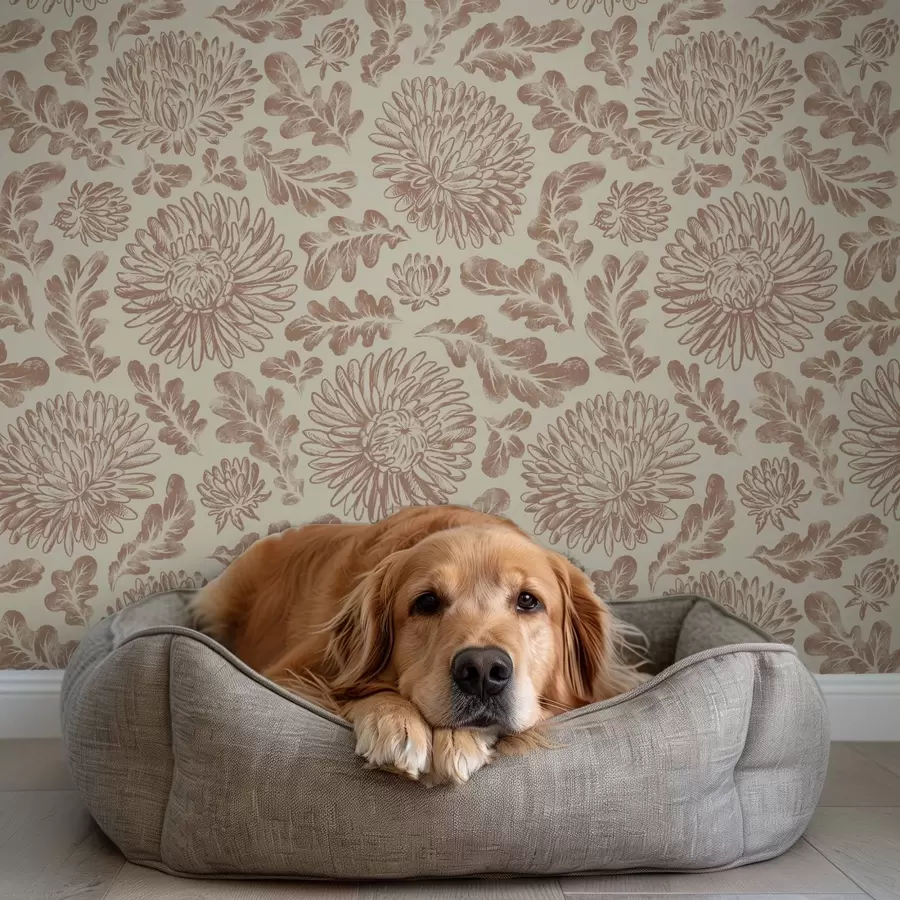 fototapeter Krysantemum og eikeblader i myk beige-brun farge a00840