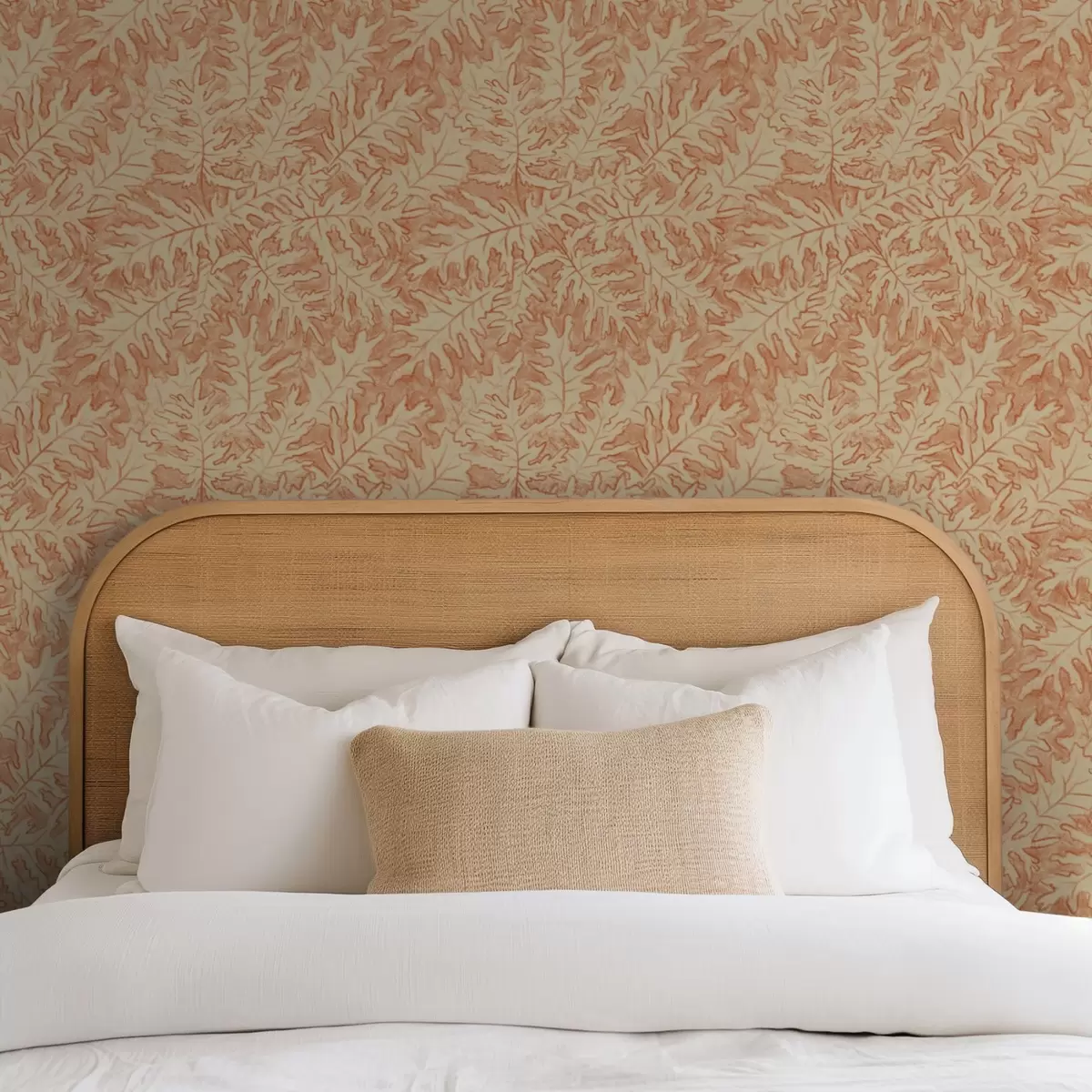 Bakgrunn Store eikeblader i terrakotta på kremfarget bakgrunn a00846