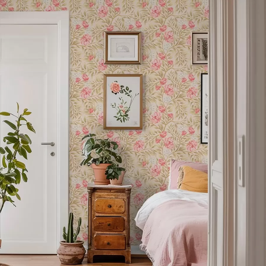 fototapeter Rosa blomster, hvite blomster og okrafarget løvverk a00855