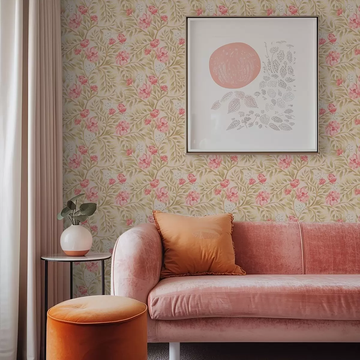 Bakgrunn Rosa blomster, hvite blomster og okrafarget løvverk a00855