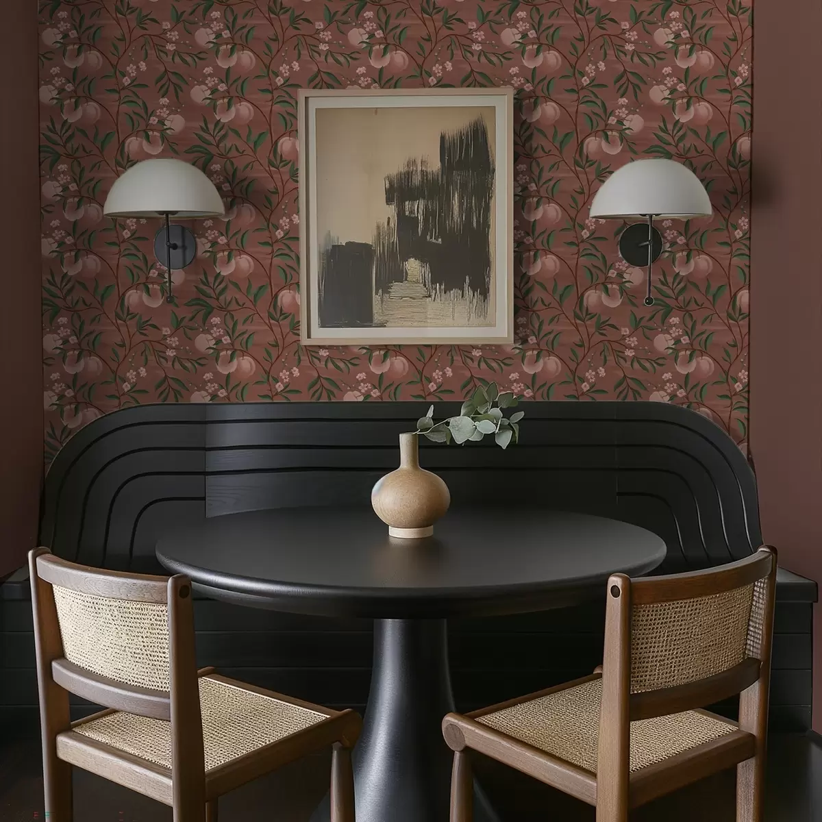 Bakgrunn Ferskener på grener med rosa blomster, terrakotta bakgrunn a00856