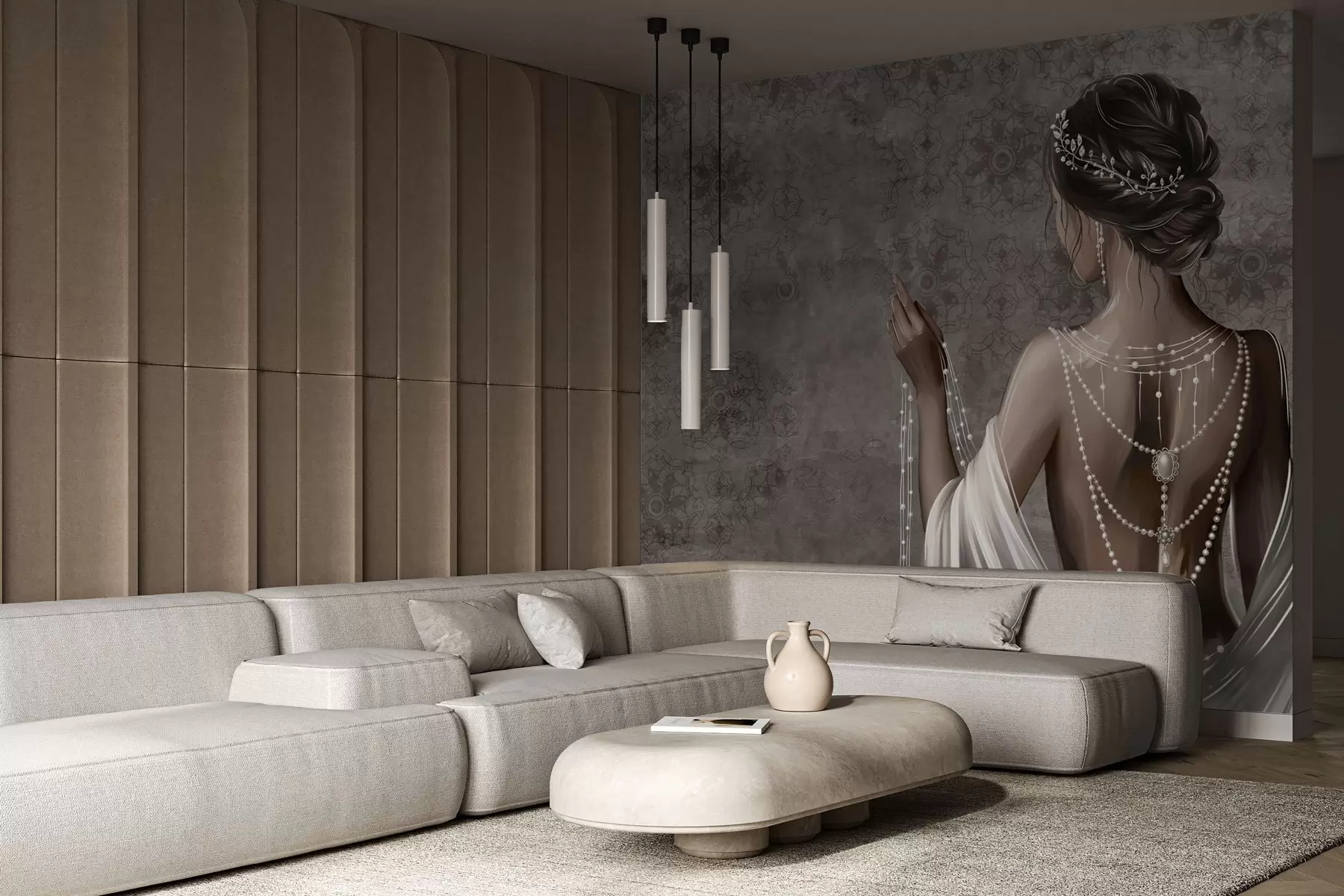 fototapeter Kvinne sett bakfra med perler, grå steinmønstret bakgrunn w04854