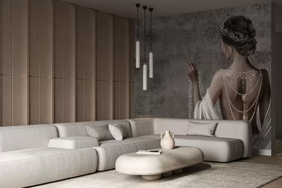 fototapeter Kvinne sett bakfra med perler, grå steinmønstret bakgrunn w04854