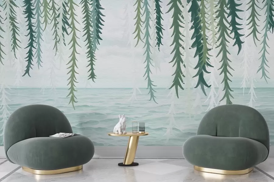 fototapeter Delikate vinstokker som henger over vannet, akvarellstil w04830