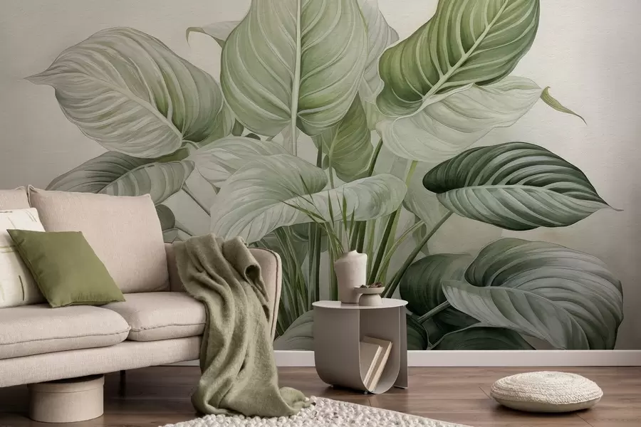 fototapeter Frodig busk med grønne blader på veggen w04835