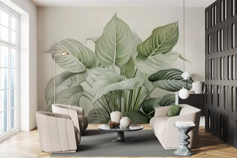 fototapeter Frodig busk med grønne blader på veggen w04835