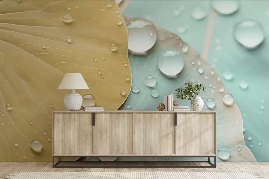 fototapeter Vanndråper på blader makro akvarell w04838v1