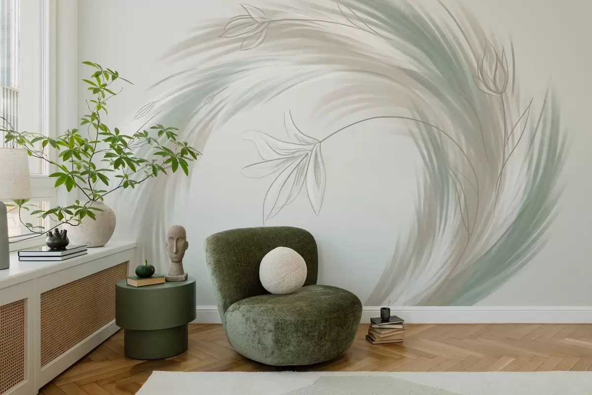 fototapeter grønne og beige fjær og blomster, håndmalt w04816