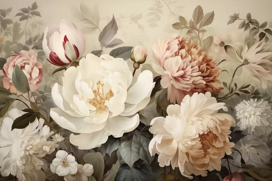 fototapeter Milde pioner og krysantemum i pastellfarger w09350