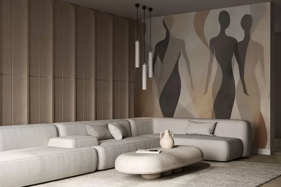 fototapeter Silhuettfigurer og myke bølger i varme beige-grå toner w04787