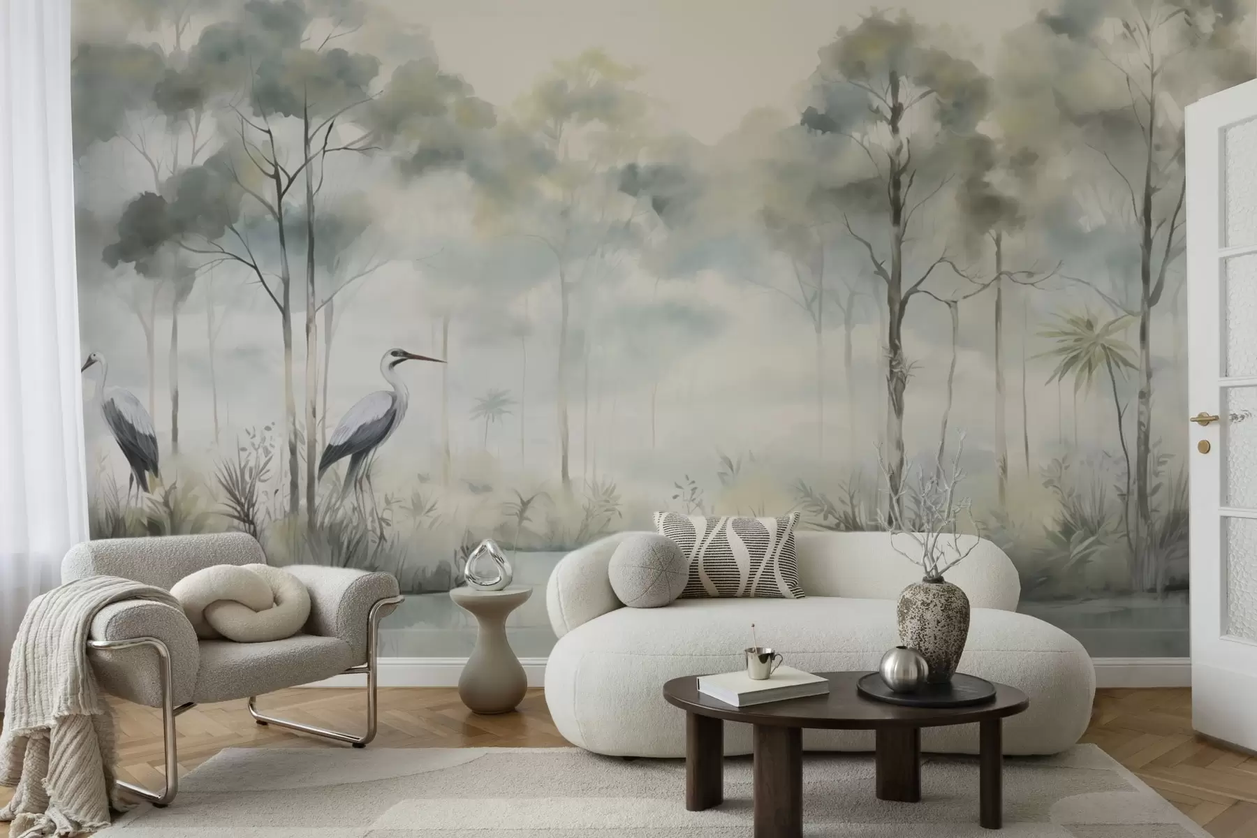 fototapeter Tåkete skog ved vannet med hegrer, myk, kjølig fargepalett w04788