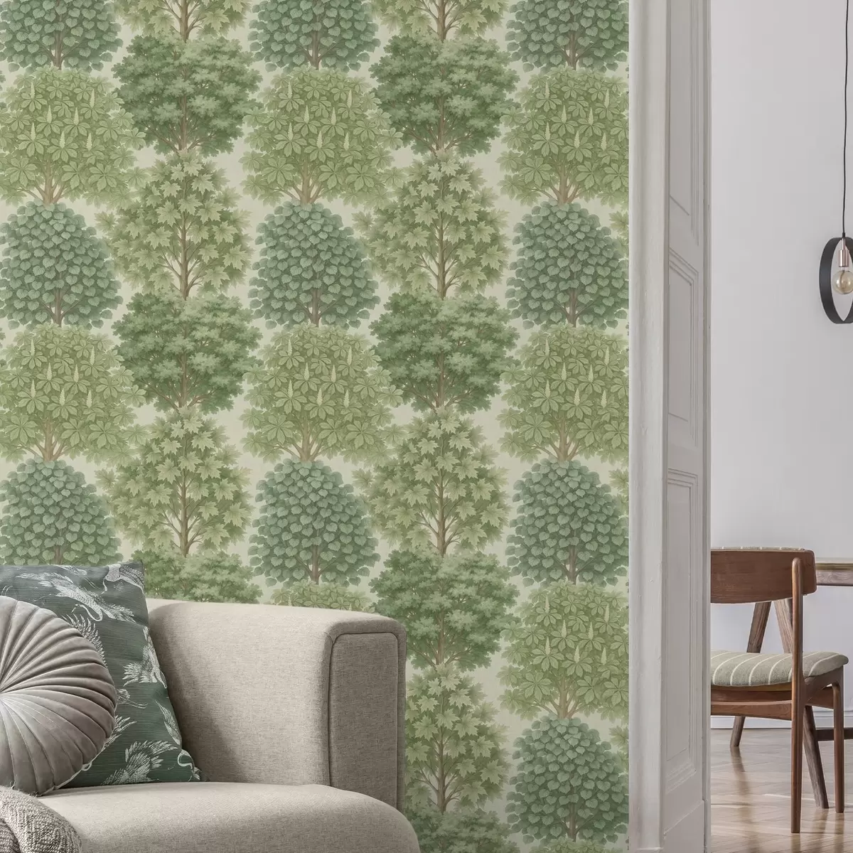 Bakgrunn Tre-hage i myke grønnfarger på en lys bakgrunn a00775