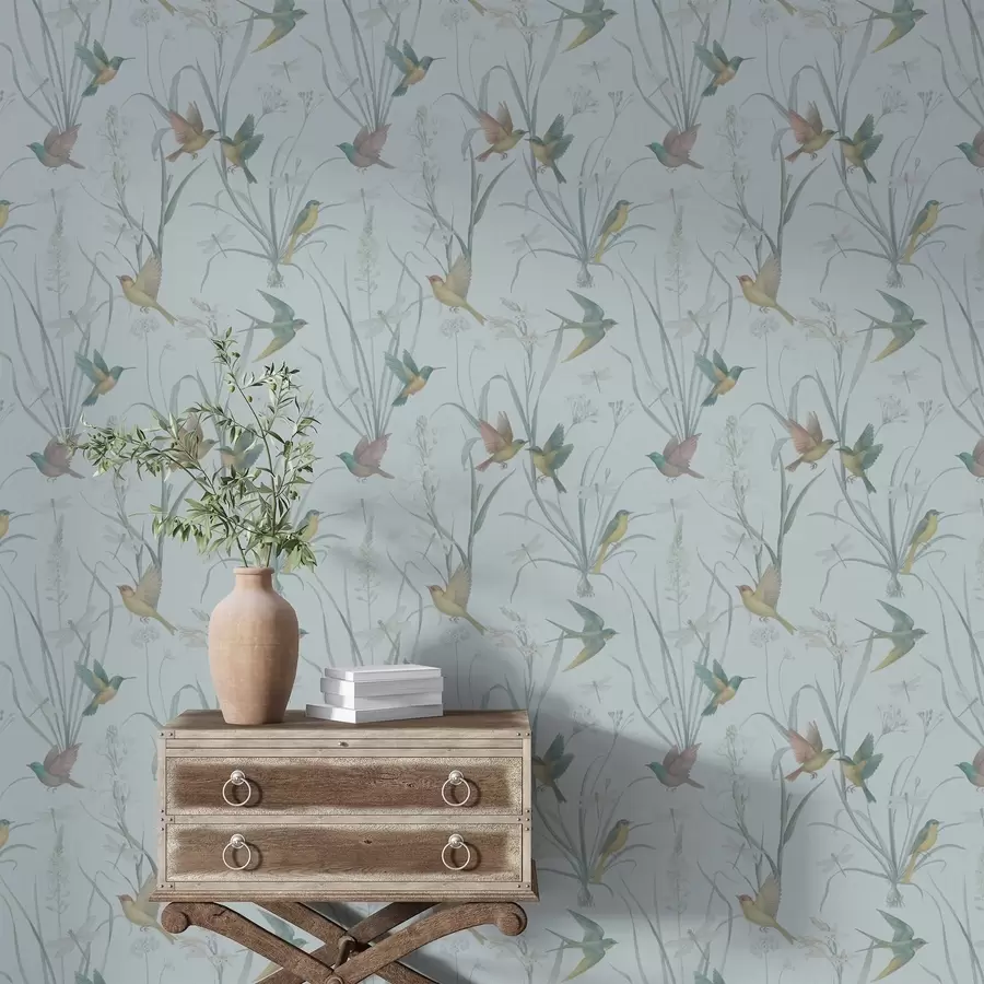 fototapeter Fugler blant engblomster på gråblå bakgrunn a00776