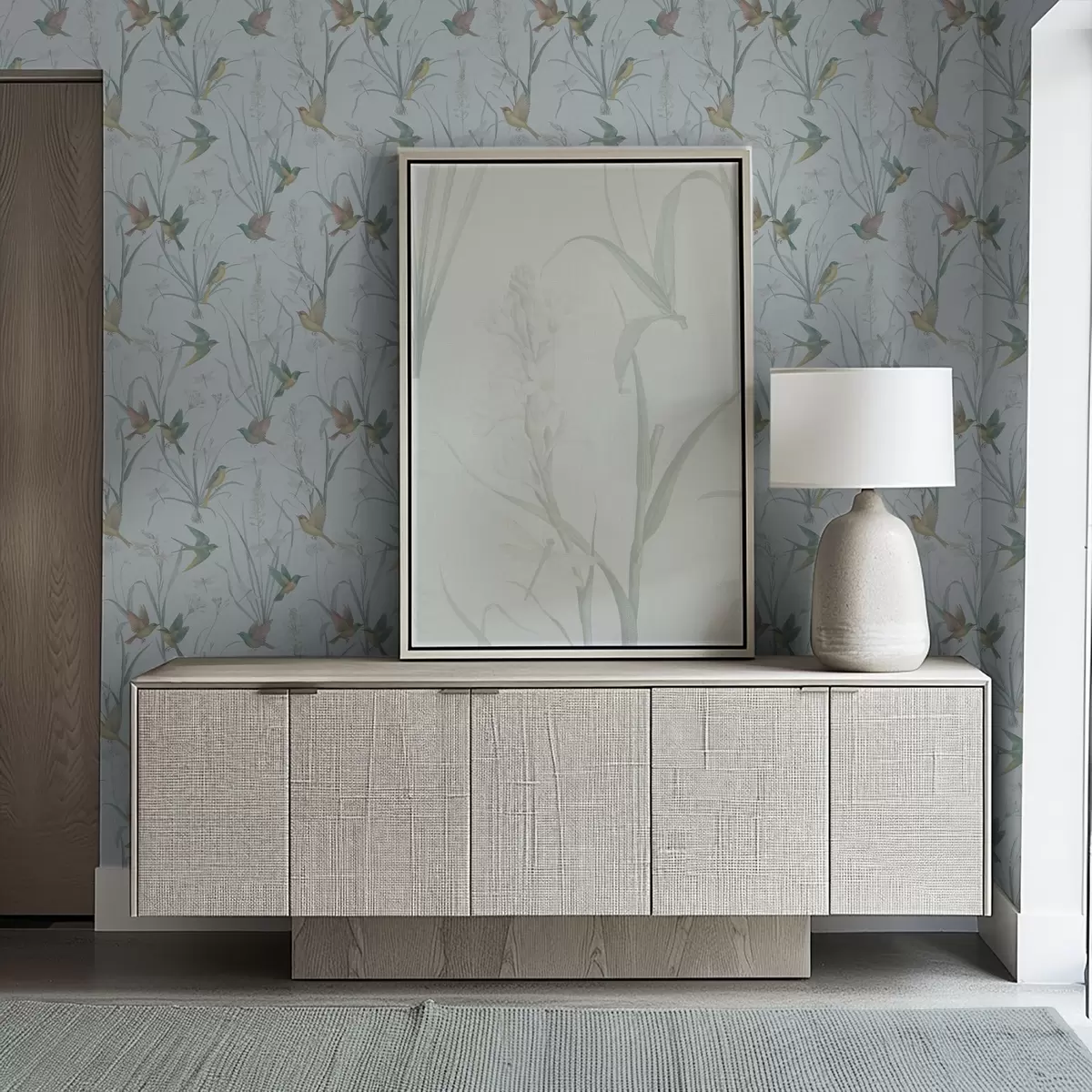 Bakgrunn Fugler blant engblomster på gråblå bakgrunn a00776