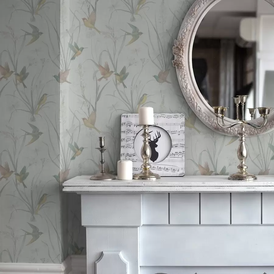 fototapeter Fugler blant engblomster på lysegrå bakgrunn a00776v1