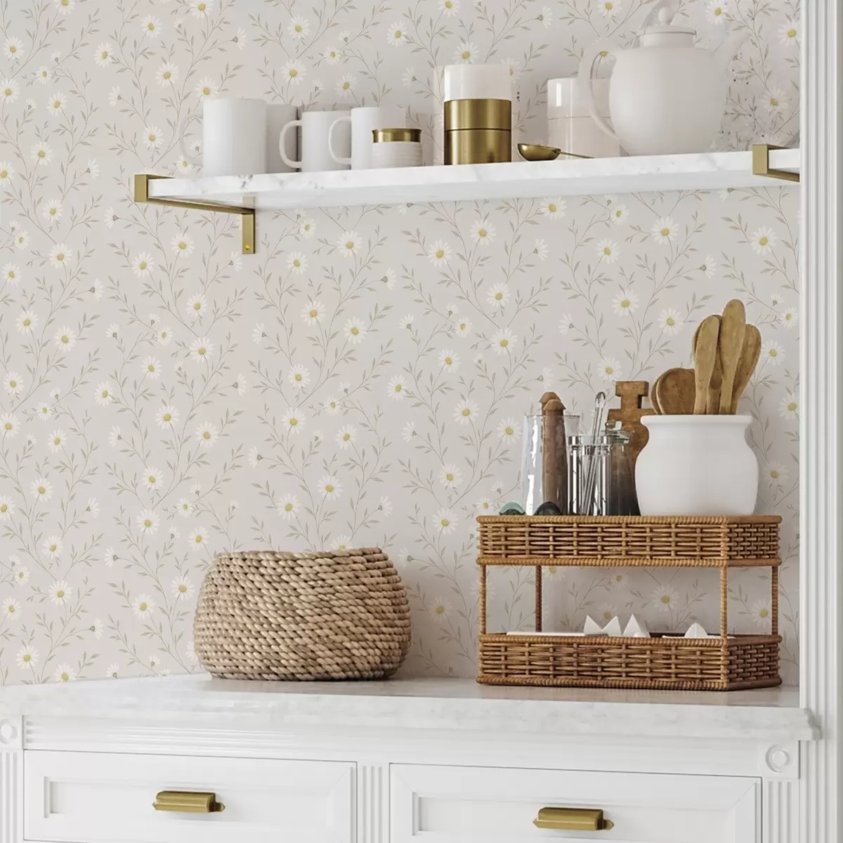 Bakgrunn Små tusenfryd på kvister, varm beige a00777