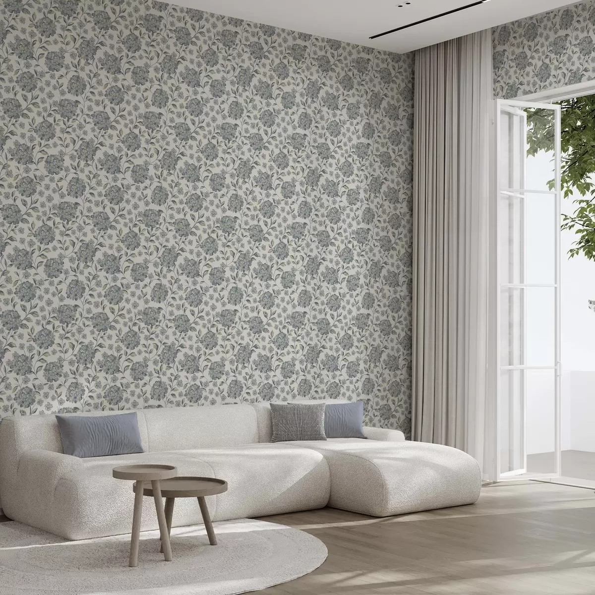 Bakgrunn Buskete blomster og blader i en gråblå palett a00778