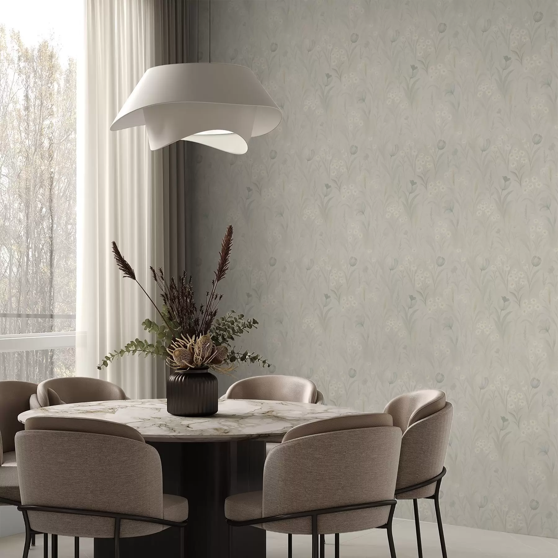 fototapeter Mild eng med tulipaner og tusenfryd, pastellfarget salvie a00779