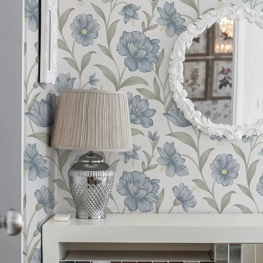 fototapeter Støvblå blomster med olivenblader på hvitt a00780