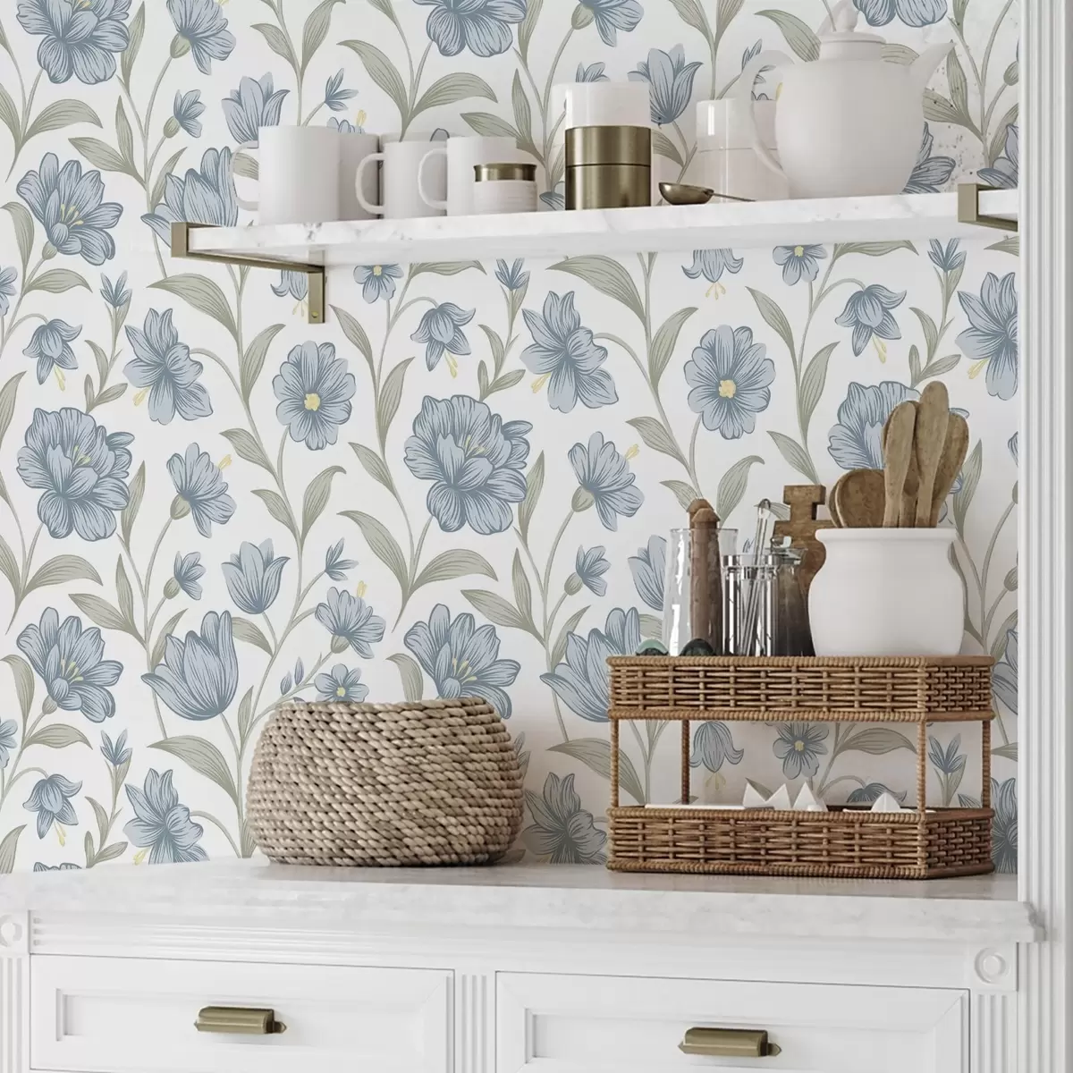 Bakgrunn Støvblå blomster med olivenblader på hvitt a00780