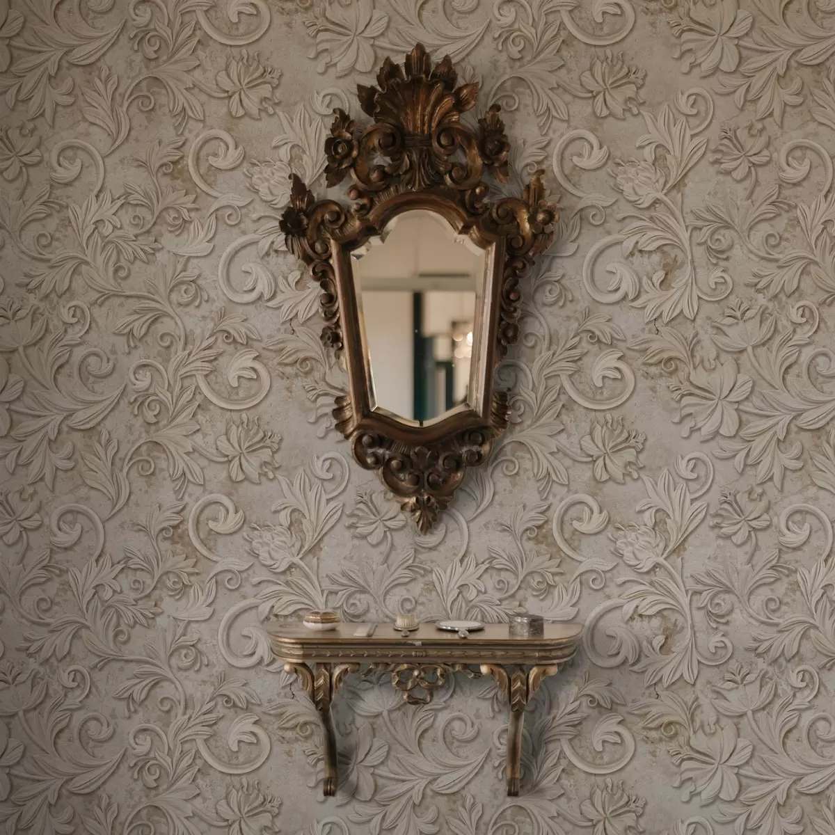 Bakgrunn Steinrelieff med blomsterranker, vintage beige a00784