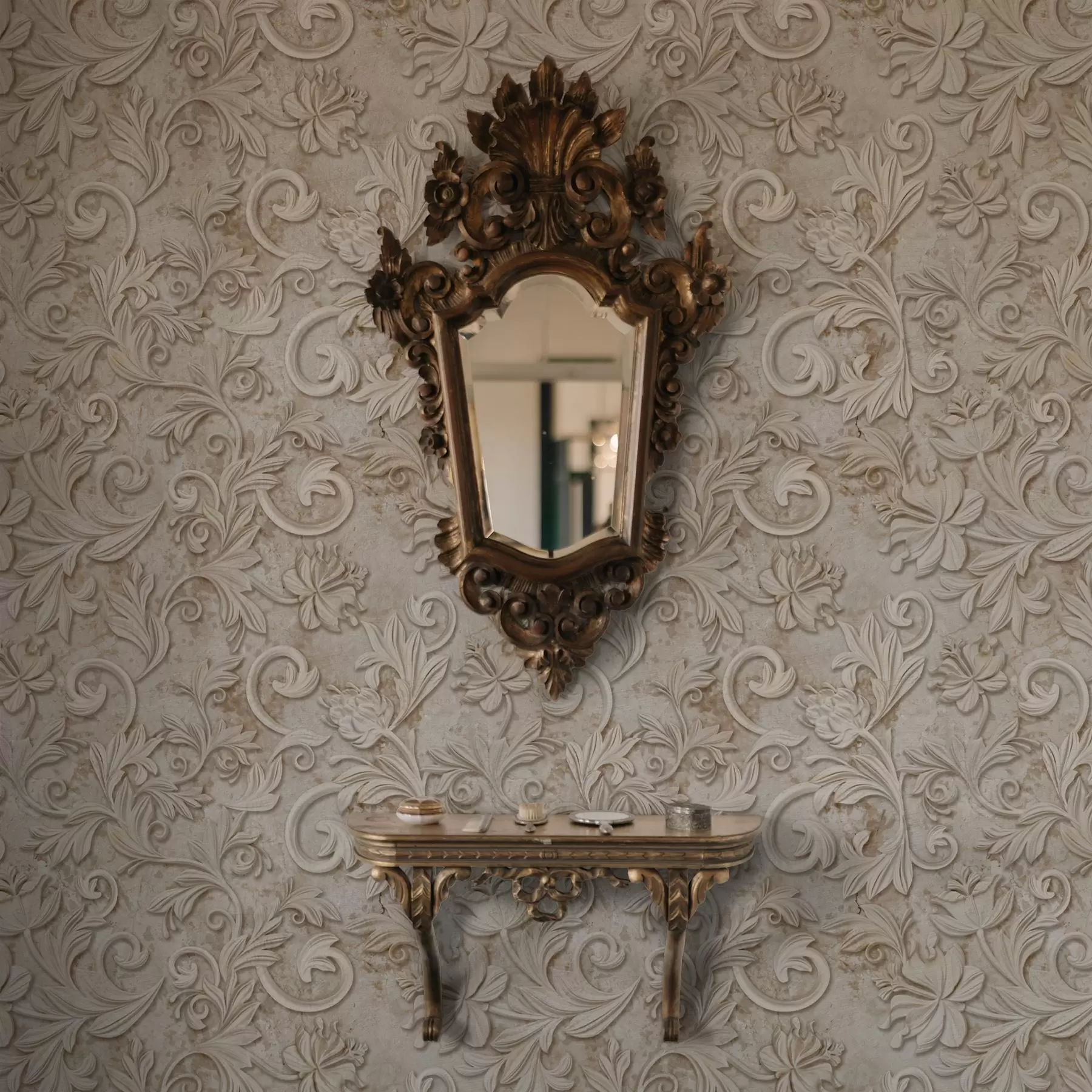 fototapeter Steinrelieff med blomsterranker, vintage beige a00784