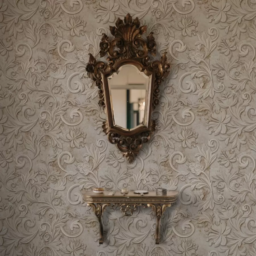 fototapeter Steinrelieff med blomsterranker, vintage beige a00784